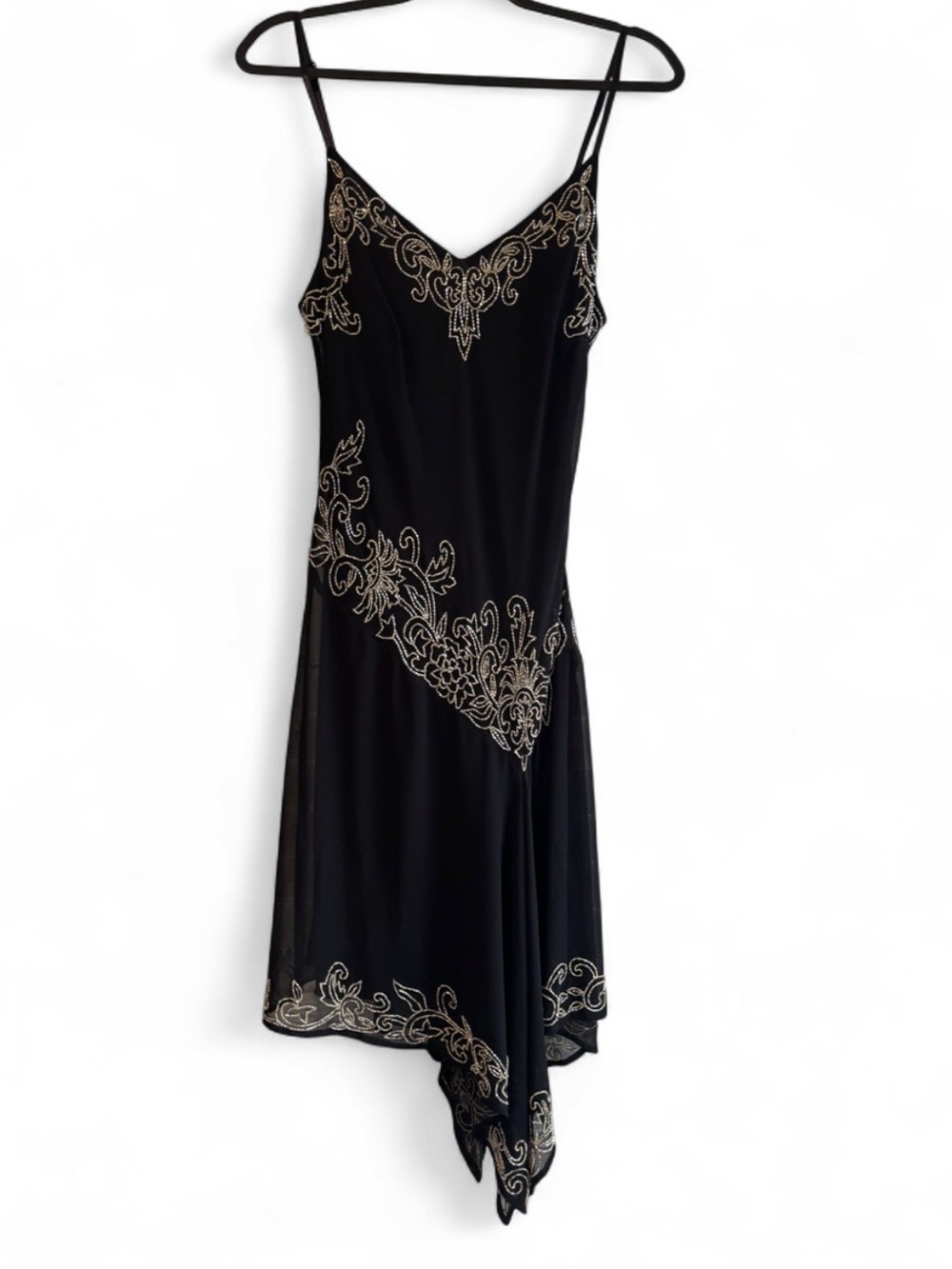 Black Beaded Handkerchief Hem Dress – Adjustable Straps - size M